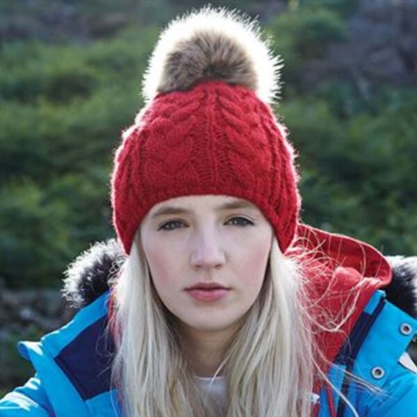 Fur pom pom cable Beanie Thumbnail